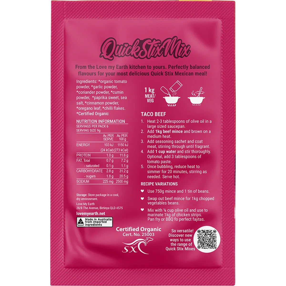 Love My Earth Quick Stix Mix Organic Recipe Base Taco 55g