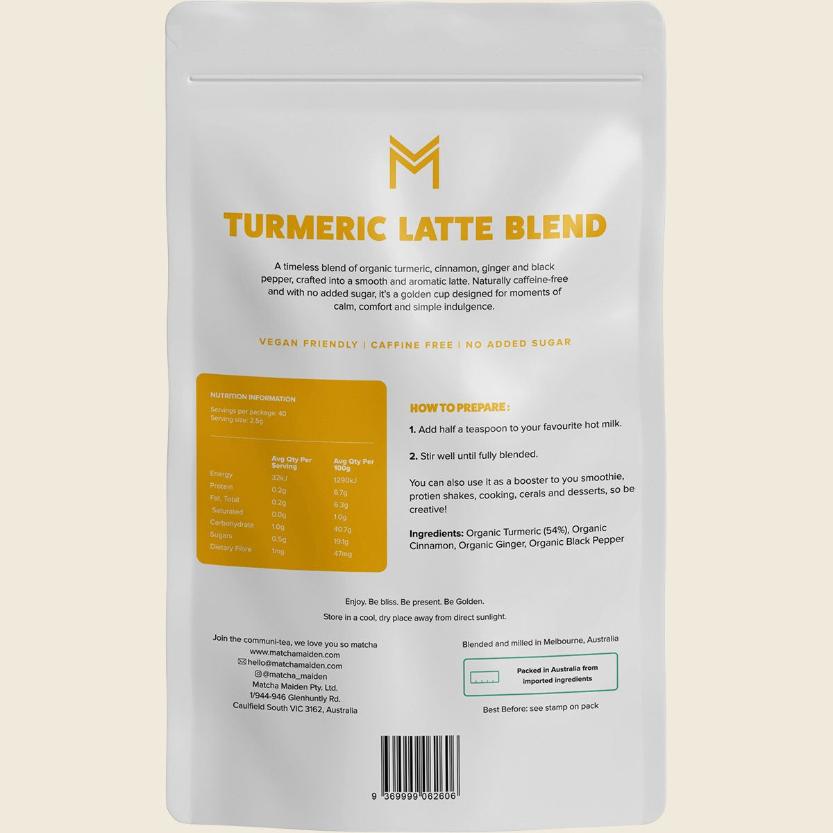 Matcha Maiden Organic Golden Grind Turmeric Latte Blend 100g back