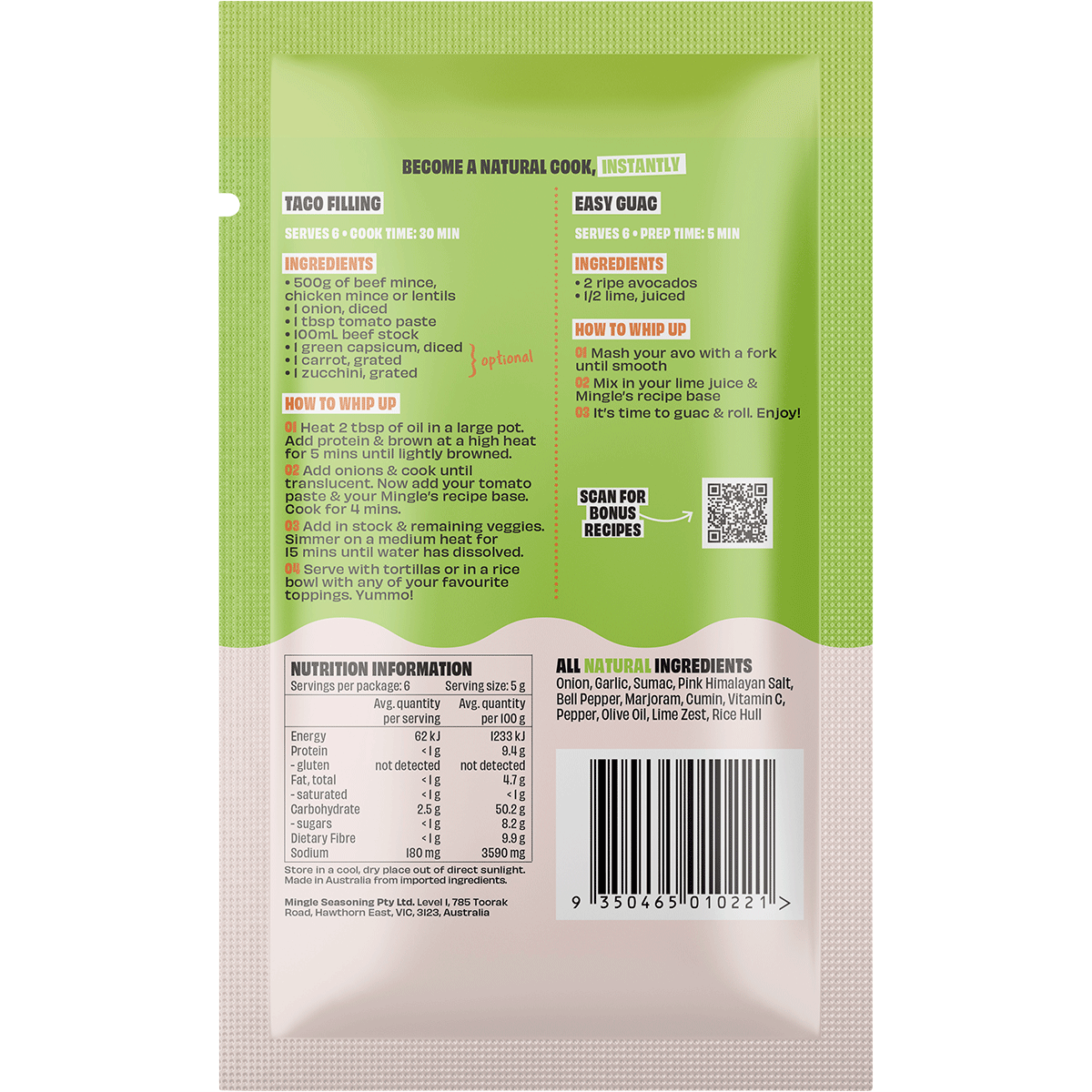 Mingle Taco or Guac All Natural Recipe Base 30g back