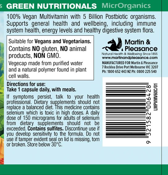 Green Nutritionals 100% Vegan Multivitamin 60 Vegan Capsules