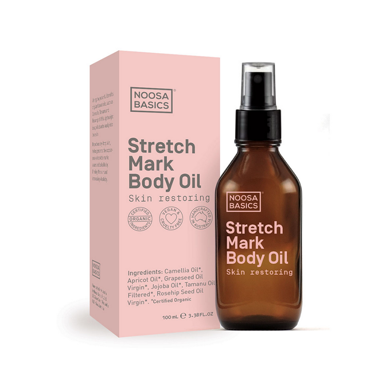 Noosa Basics Stretch Mark Body Oil with packaging on a white background