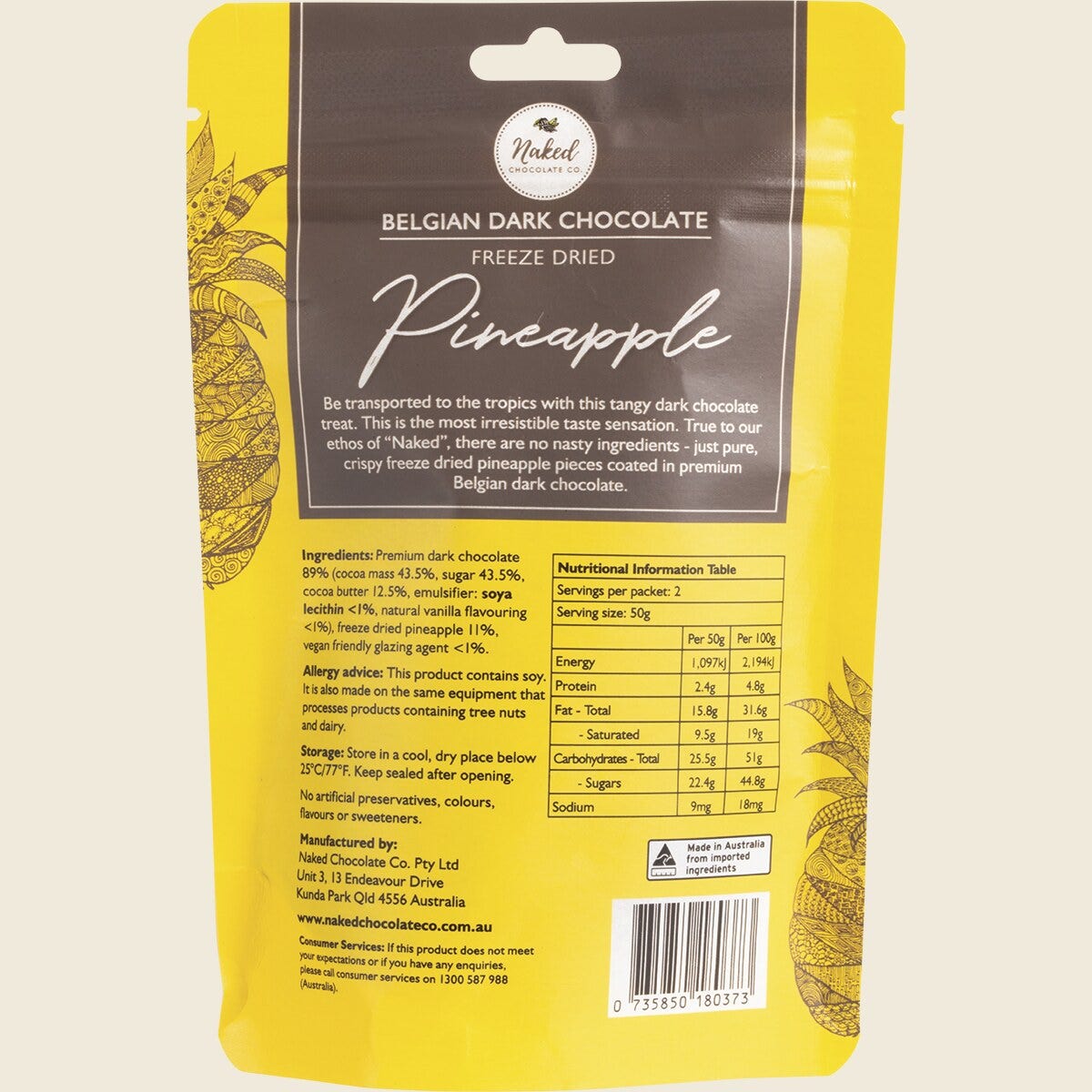 Naked Chocolate Co Freeze Dried Pineapple Dark Chocolate 100g