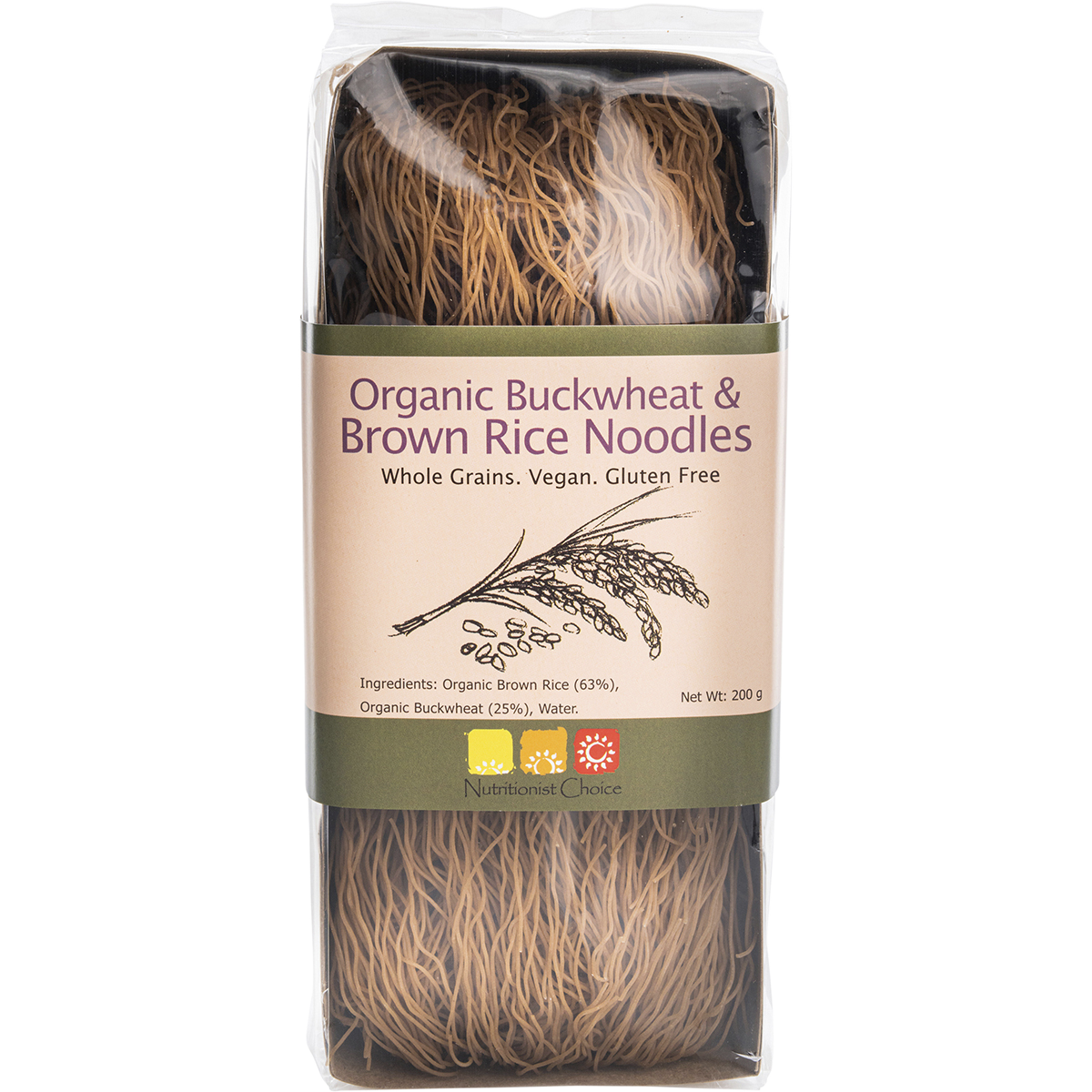 Nutritionist Choice Certified Organic Buckwheat & Brown Rice Noodles 200g – front product packaging