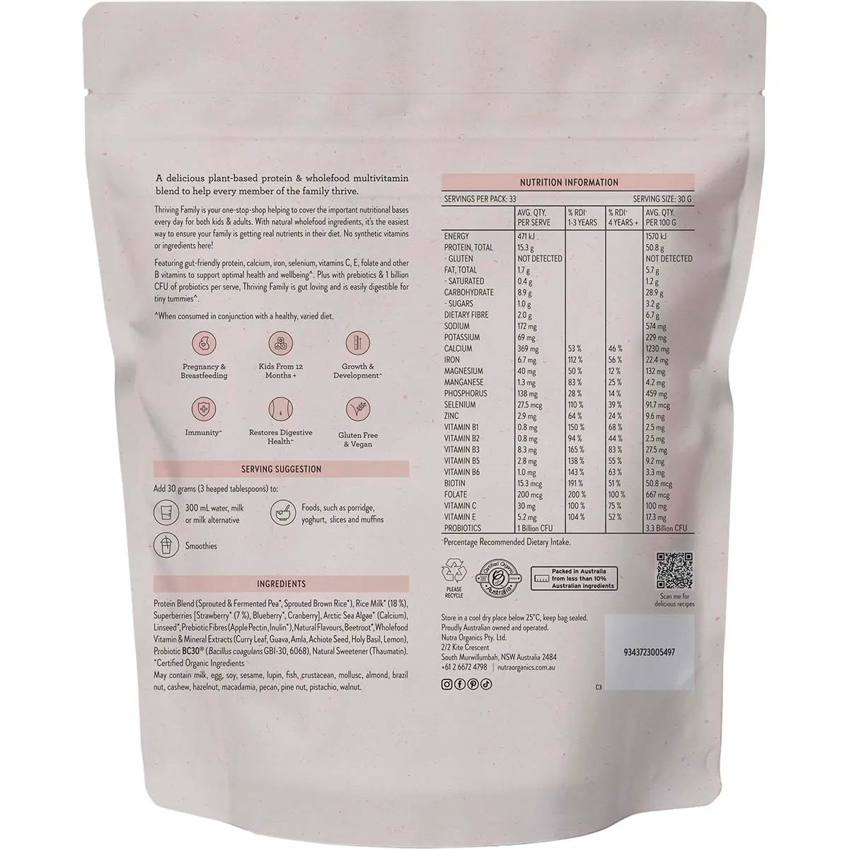 Nutra Organics Thriving Protein (Organic Plant Based Protein) Strawberries & Cream 1kg