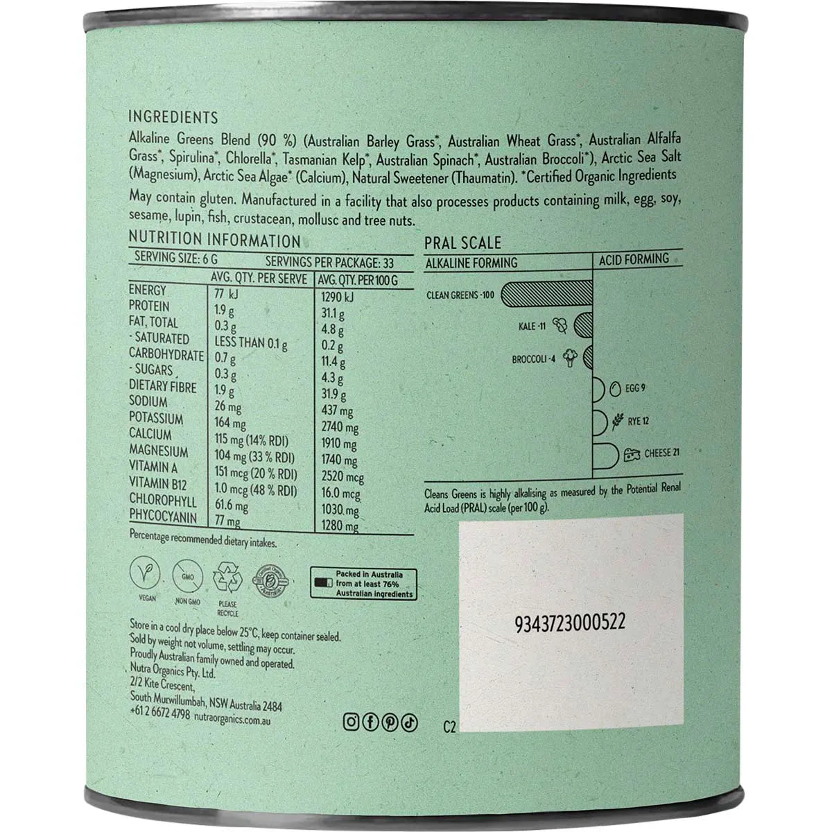 Nutra Organics Clean Greens Straight Up 200g