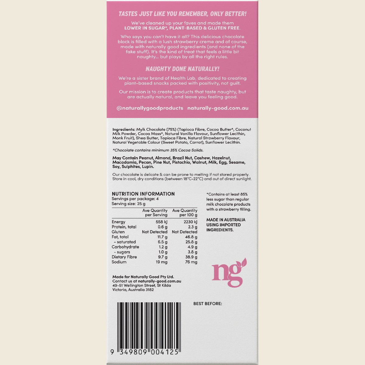 Naturally Good Filled Chocolate Block Strawberry Creme 100g