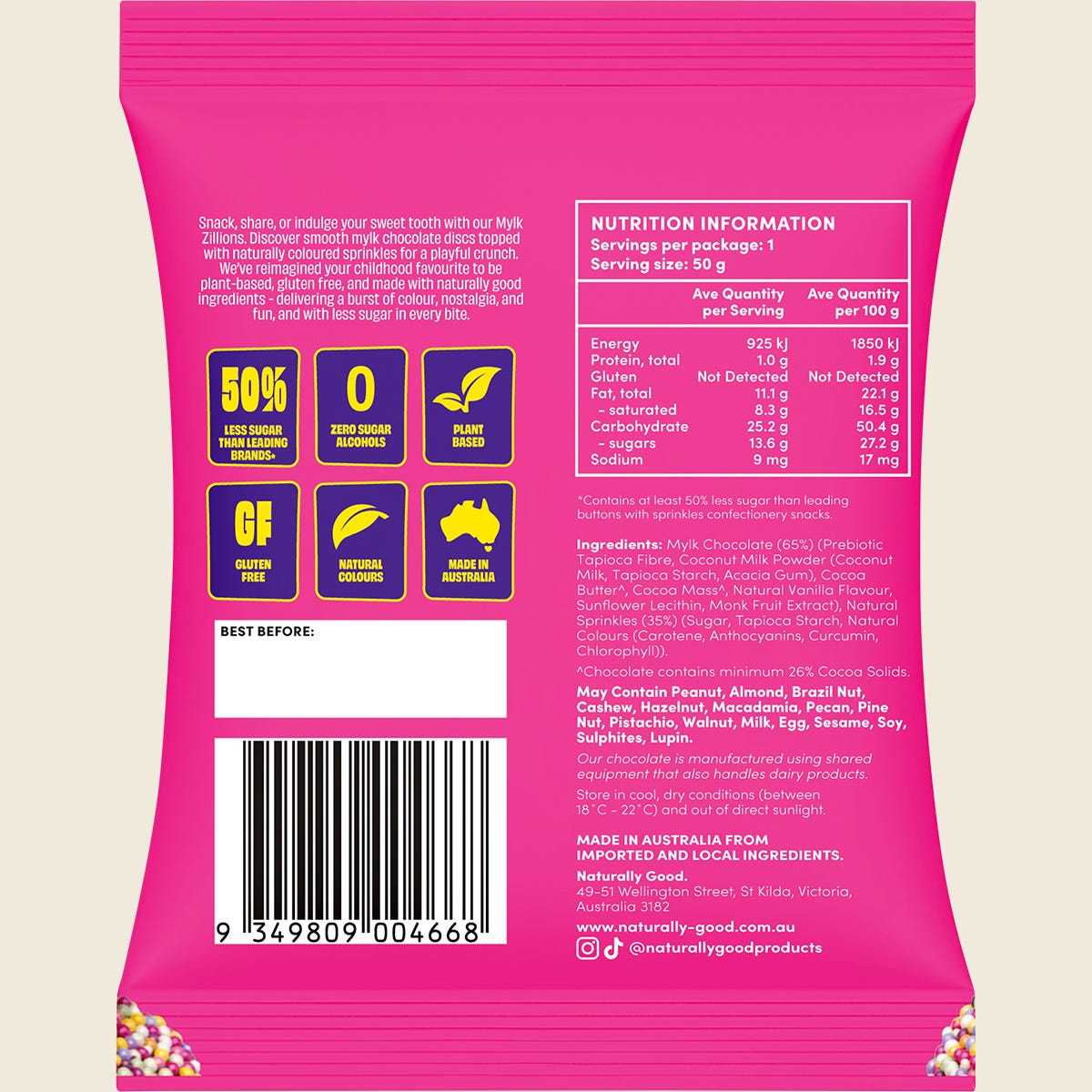 Naturally Good Mylk Zillions 50% Less Sugar 50g – back of pack with ingredients, allergens and nutrition information