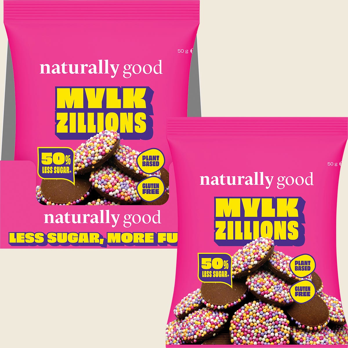 Naturally Good Mylk Zillions 50% Less Sugar 50g – combined product pack and display carton
