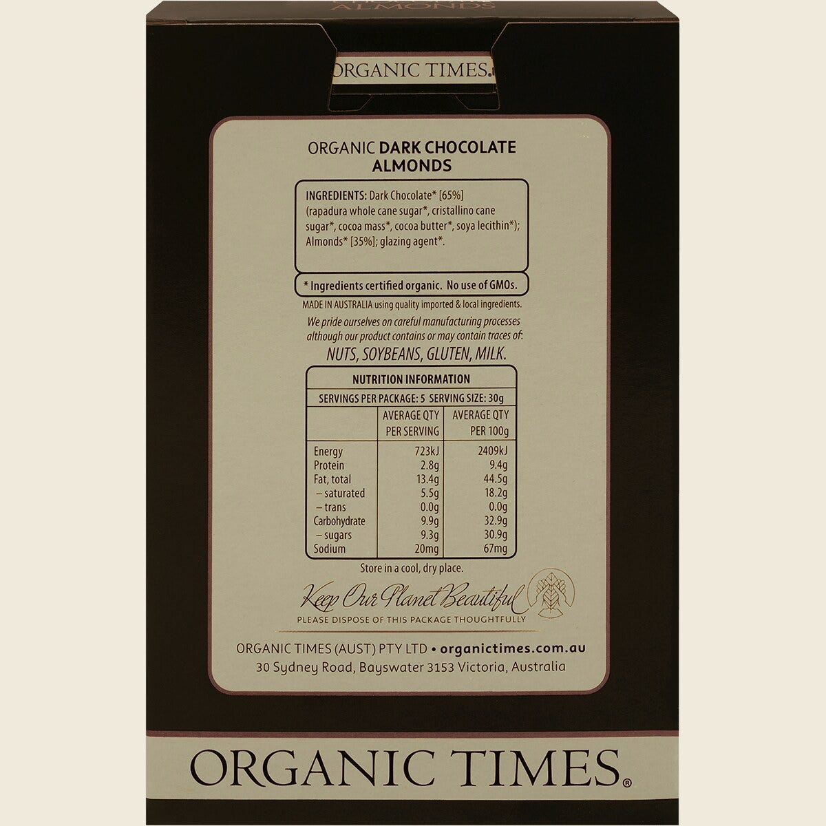 Organic Times Certified Organic Dark Chocolate & Almonds 150g