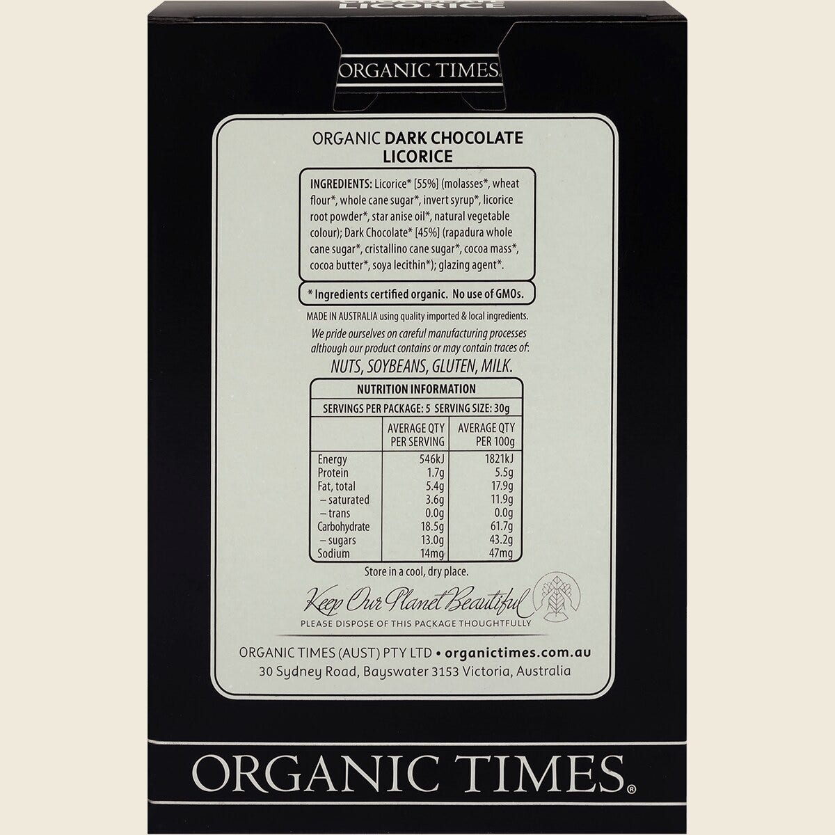 Organic Times Certified Organic Dark Chocolate & Licorice 150g