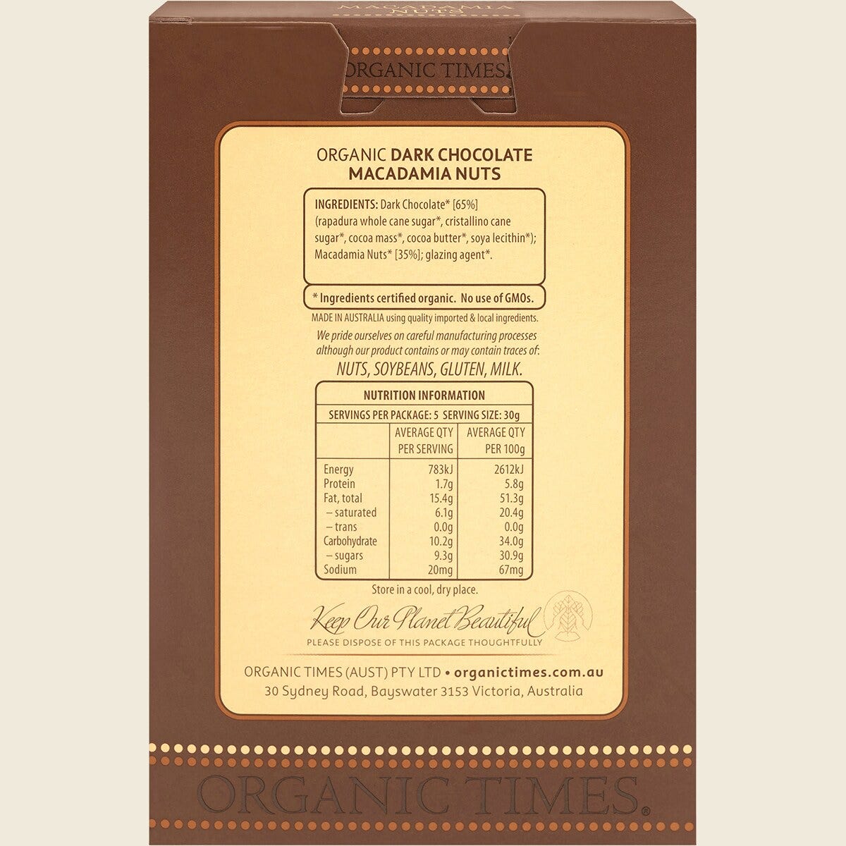 Organic Times Certified Organic Dark Chocolate & Macadamia Nuts 150g