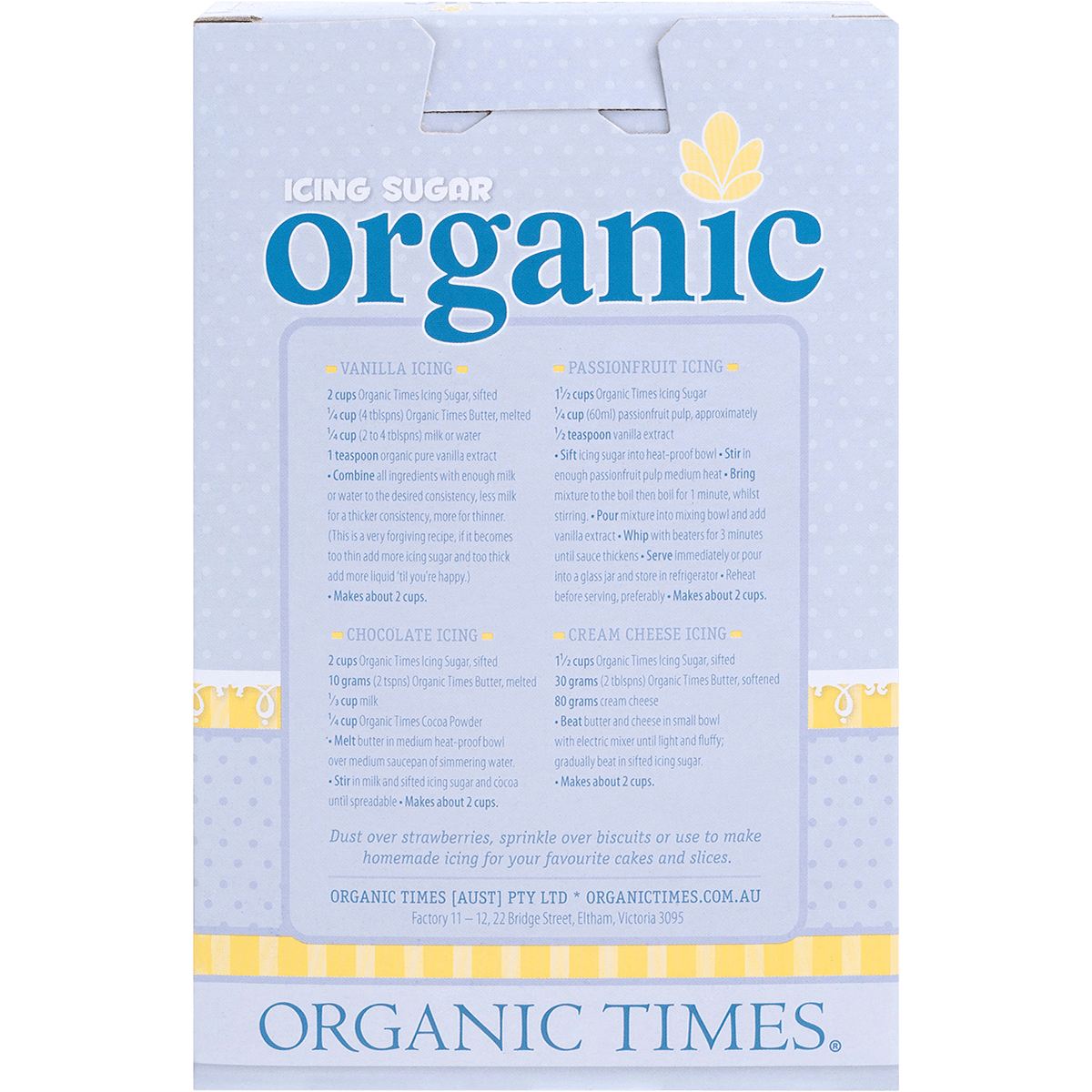 Organic Times Certified Organic Icing Sugar 250g back view