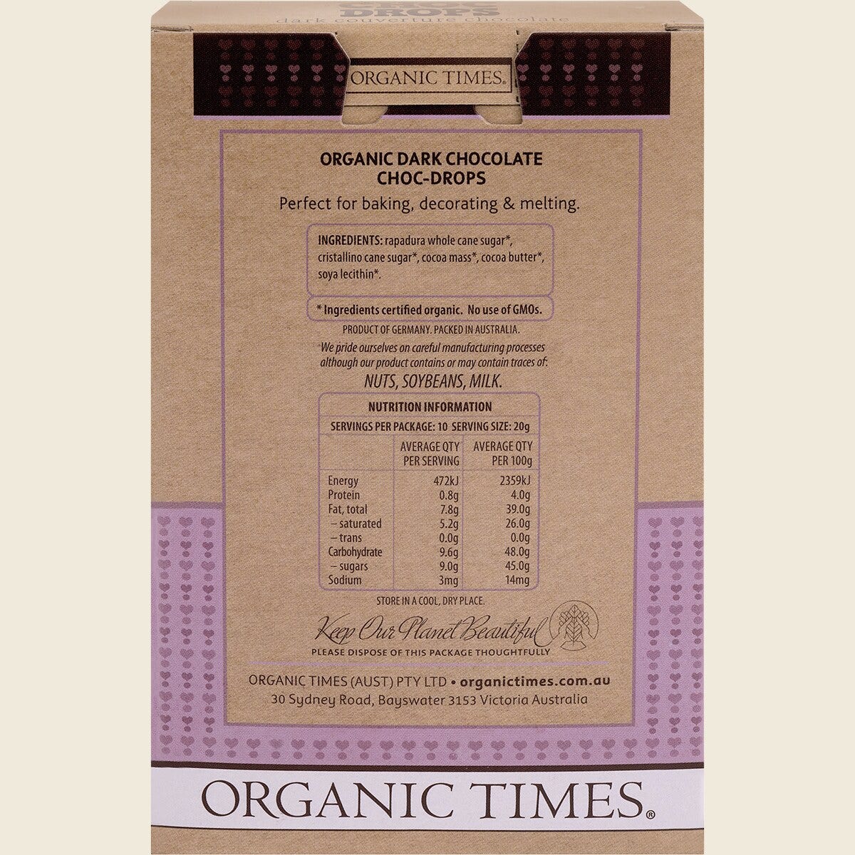 Organic Times Choc Drops Dark Couverture Drops 200g Back
