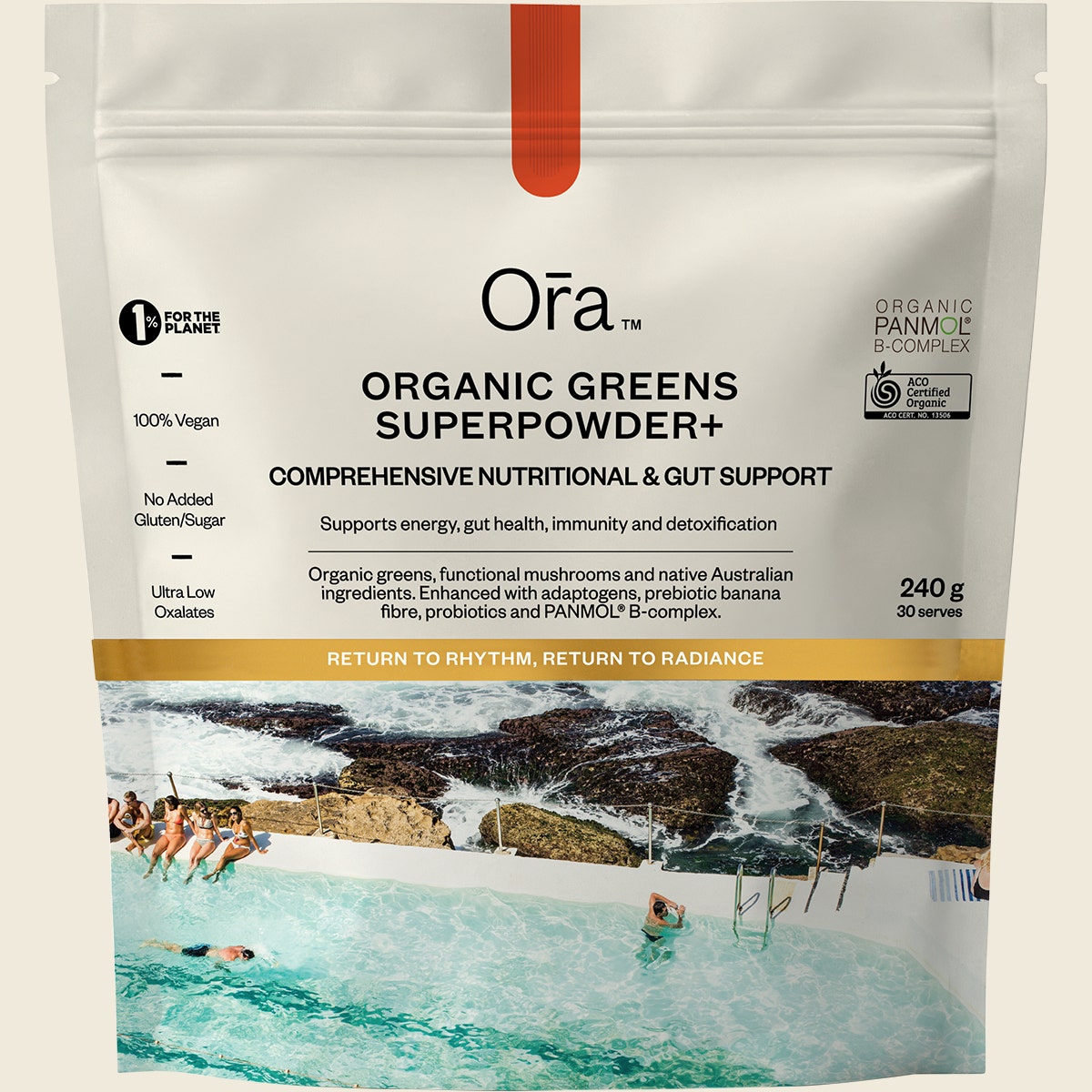 Ora Health Organic Greens Superpowder+ 240g front pouch