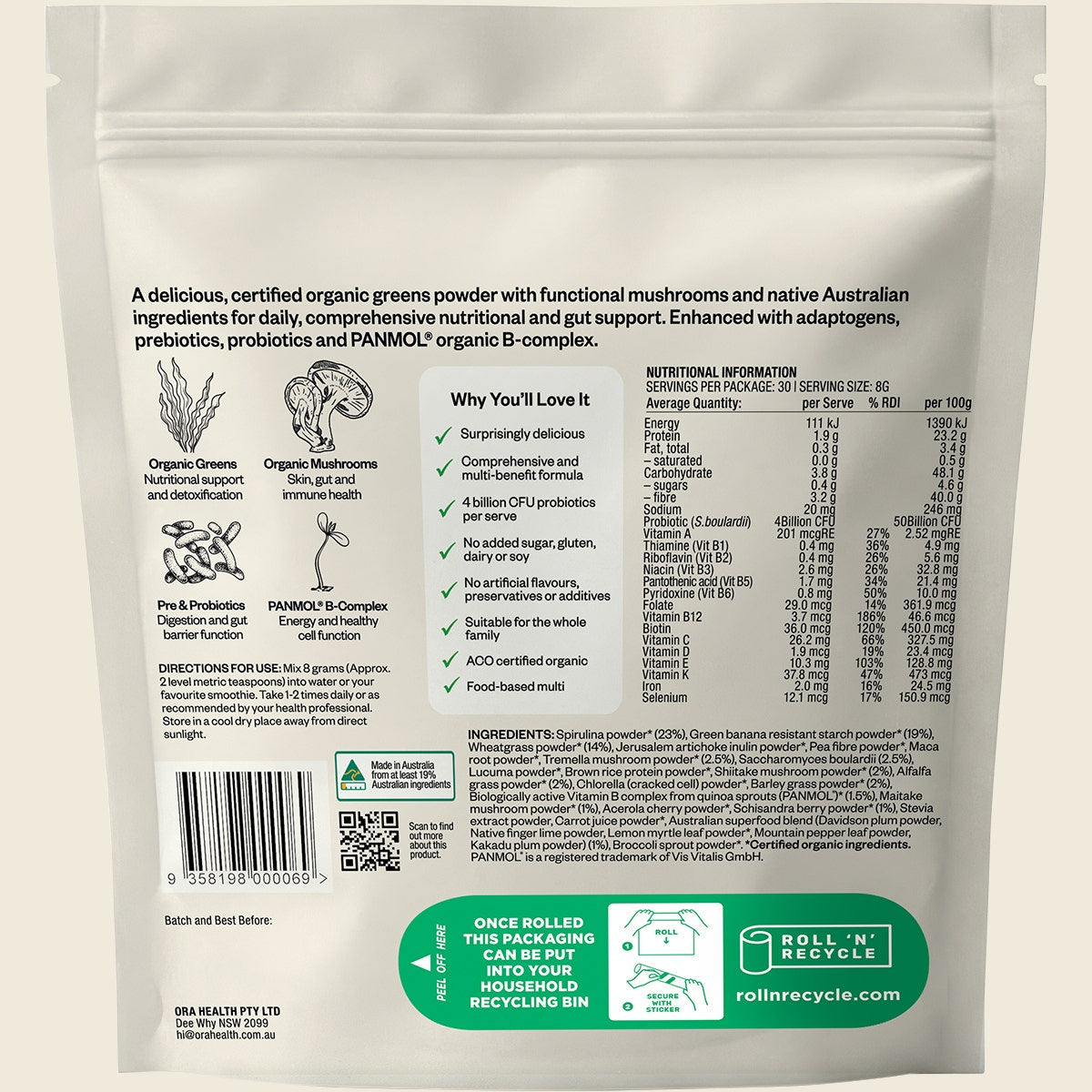 Ora Health Organic Greens Superpowder+ 240g back label