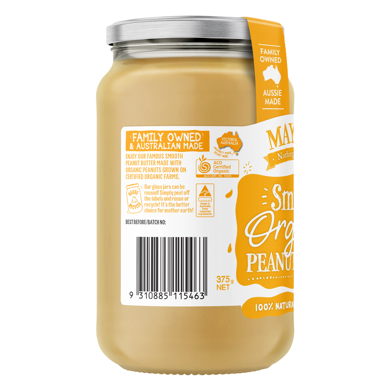 Mayver's Peanut Spread Smooth Organic 375g x6
