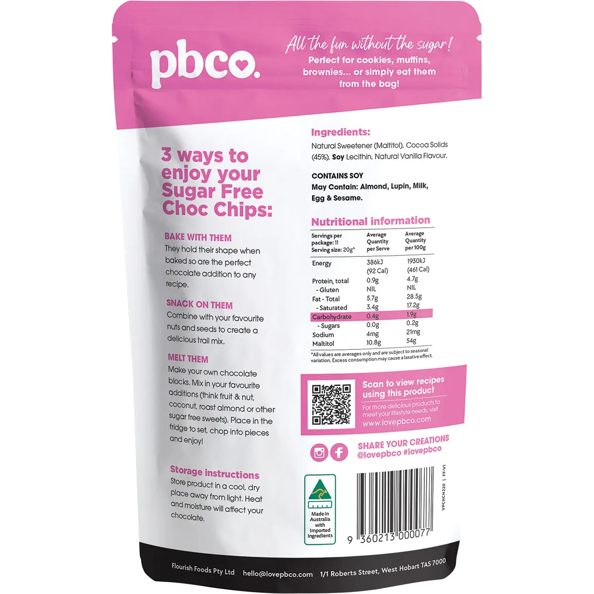 PBCo Choc Chips 98% Sugar Free 220g