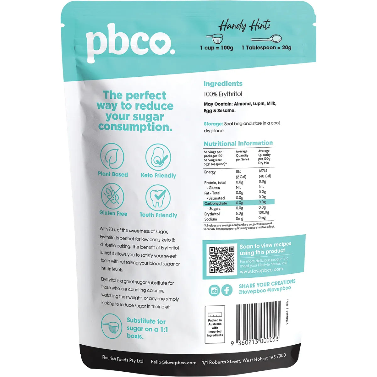 PBco Erythritol Natural Sweetener 600g