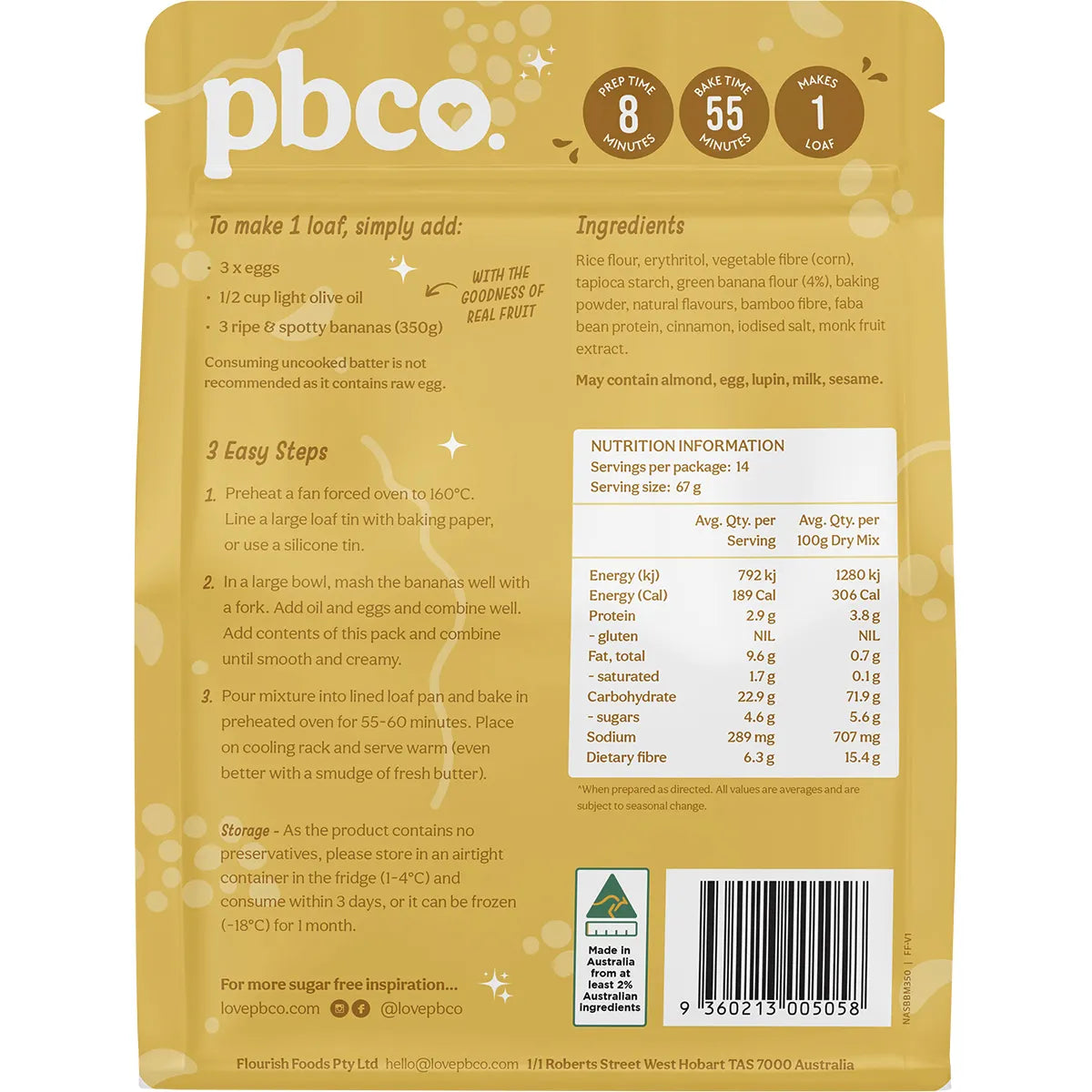 PBco Banana Bread Mix 94% Sugar Free 350g