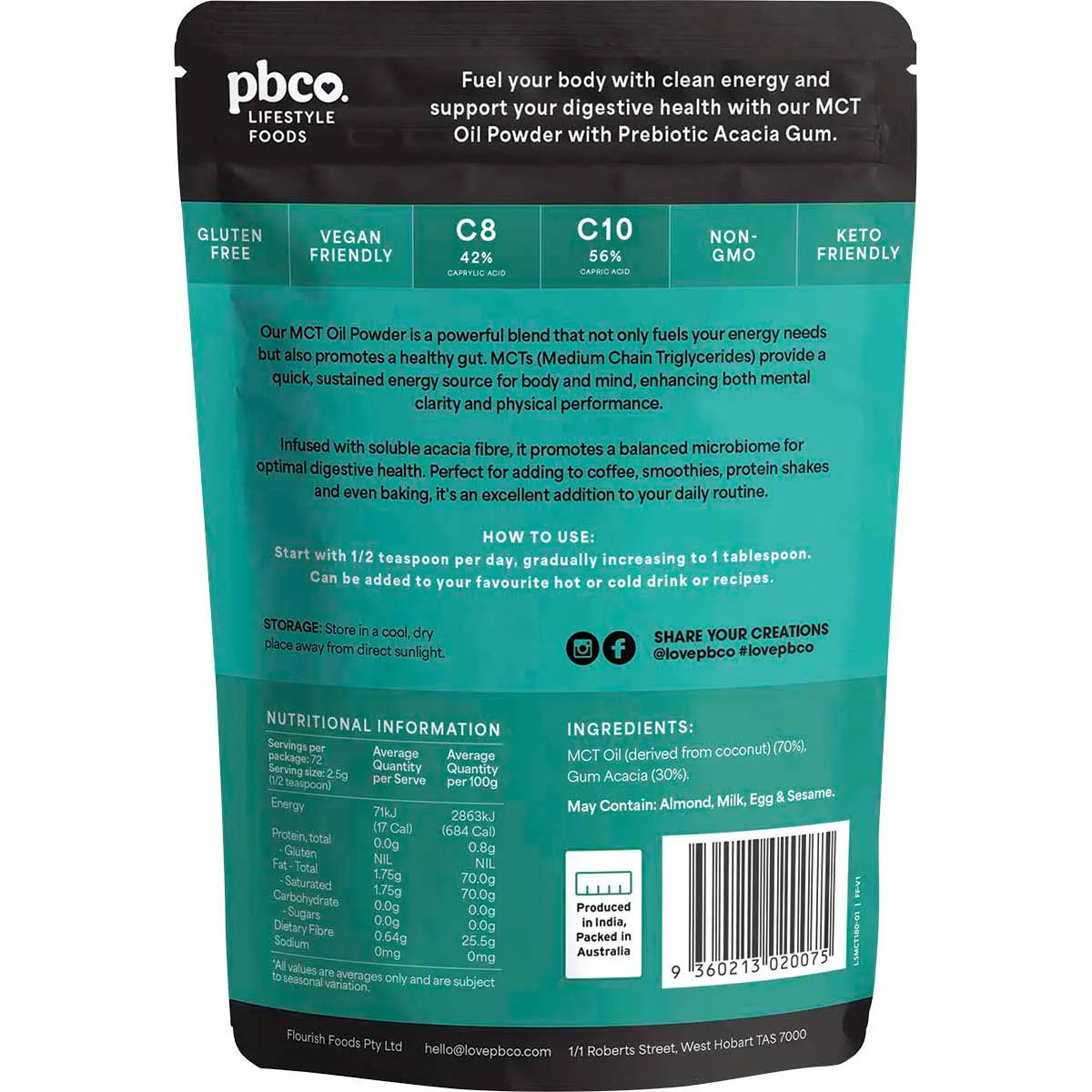 PBco MCT Oil Powder Unflavoured 180g