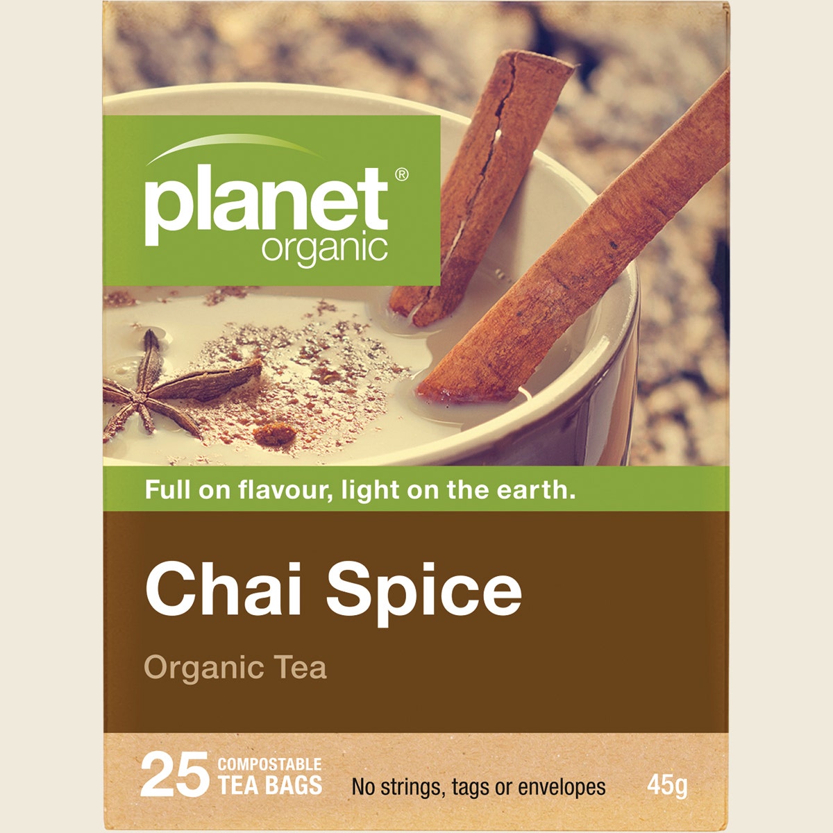 Planet Organic Chai Spice Tea 25 Tea Bags front packaging