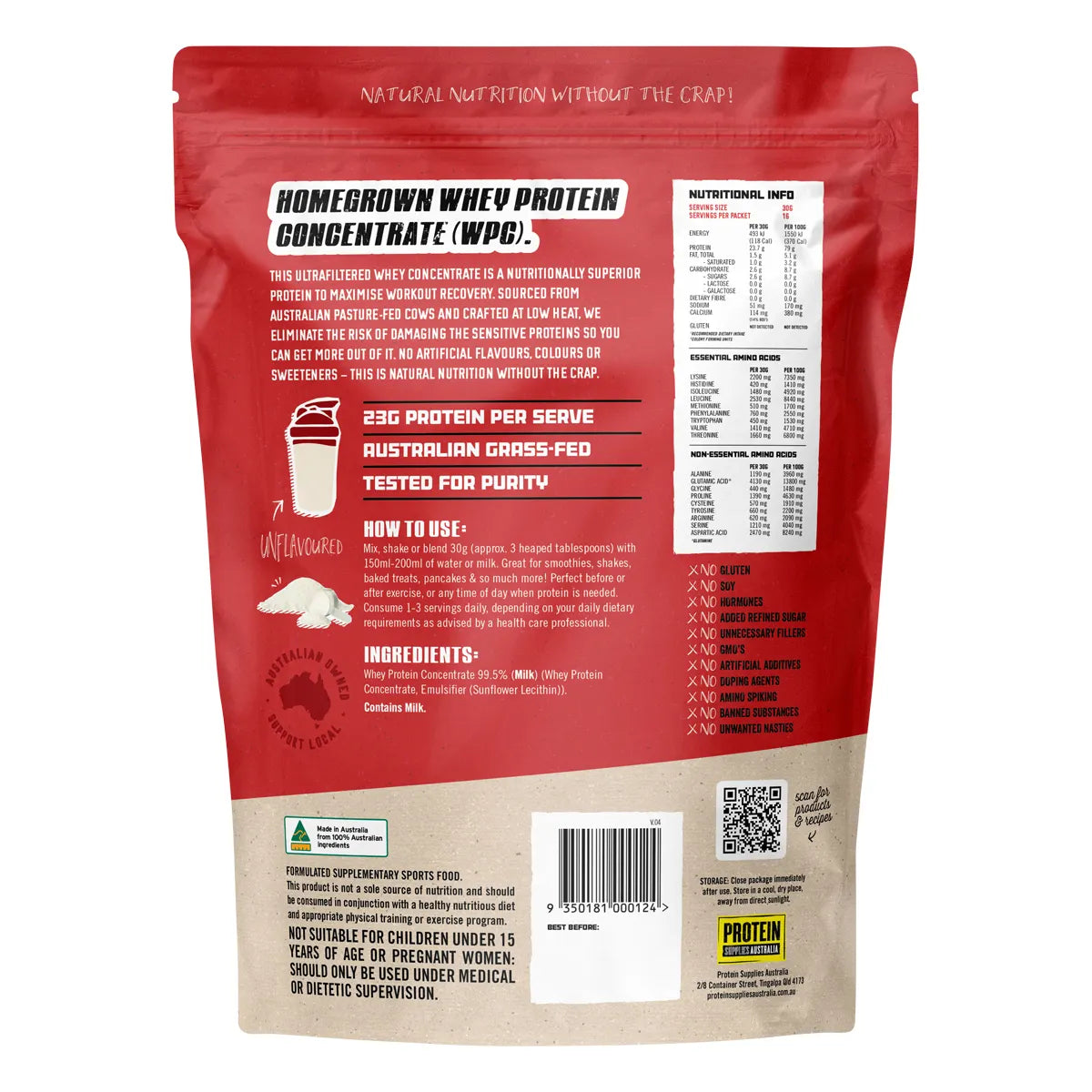 Protein Supplies Australia WPC Whey Protein Concentrate Pure 500g