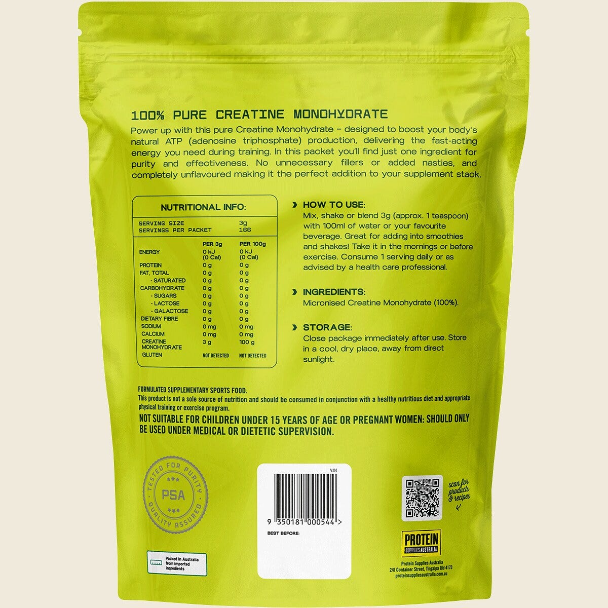 Protein Supplies Australia Creatine 100% Pure Powder 500g back