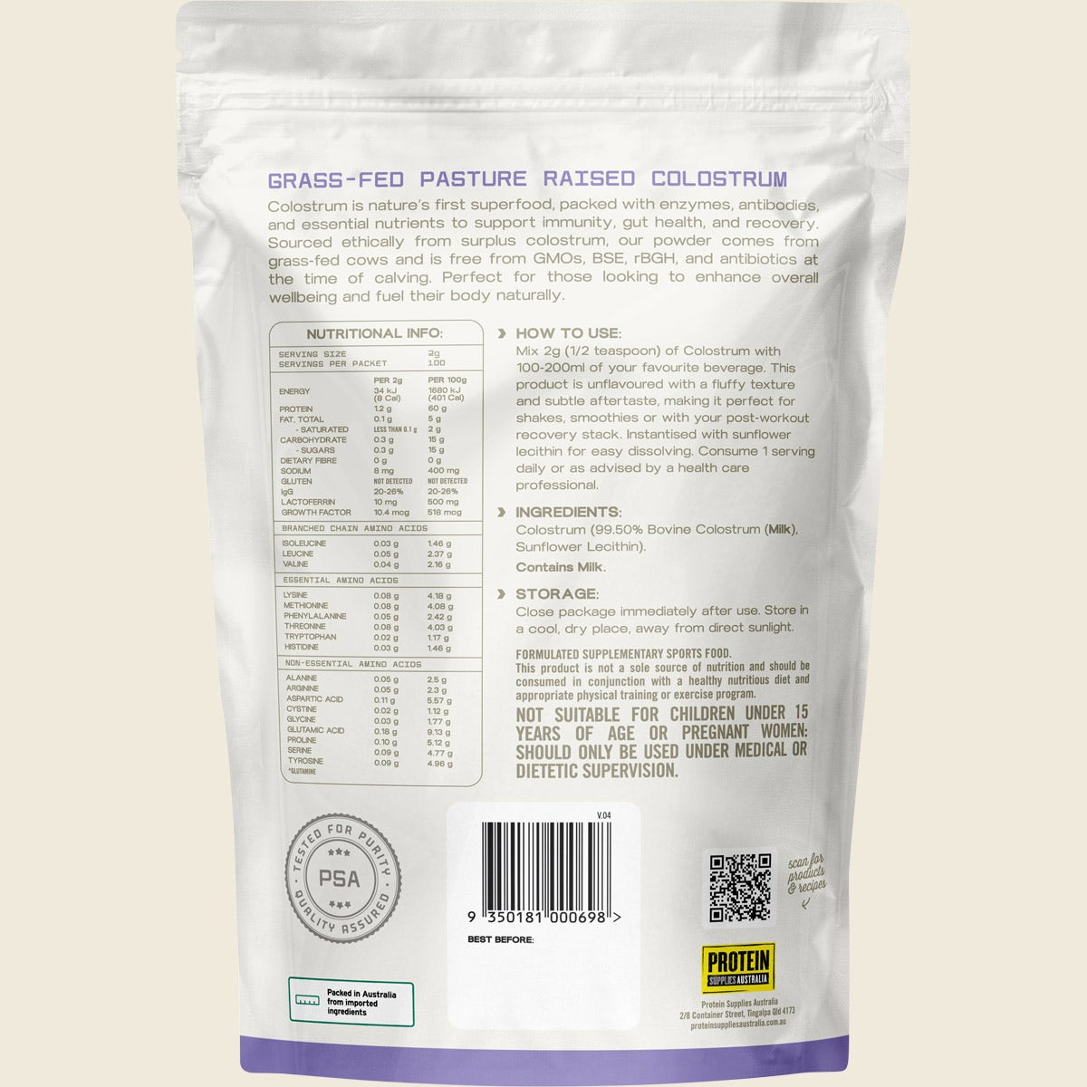 Protein Supplies Australia Pure Colostrum Powder 200g – back packaging