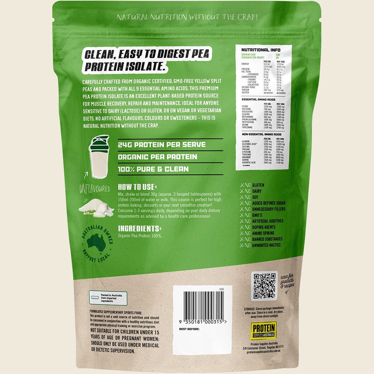 Protein Supplies Australia Pure Pea Protein Isolate 1kg – back packaging