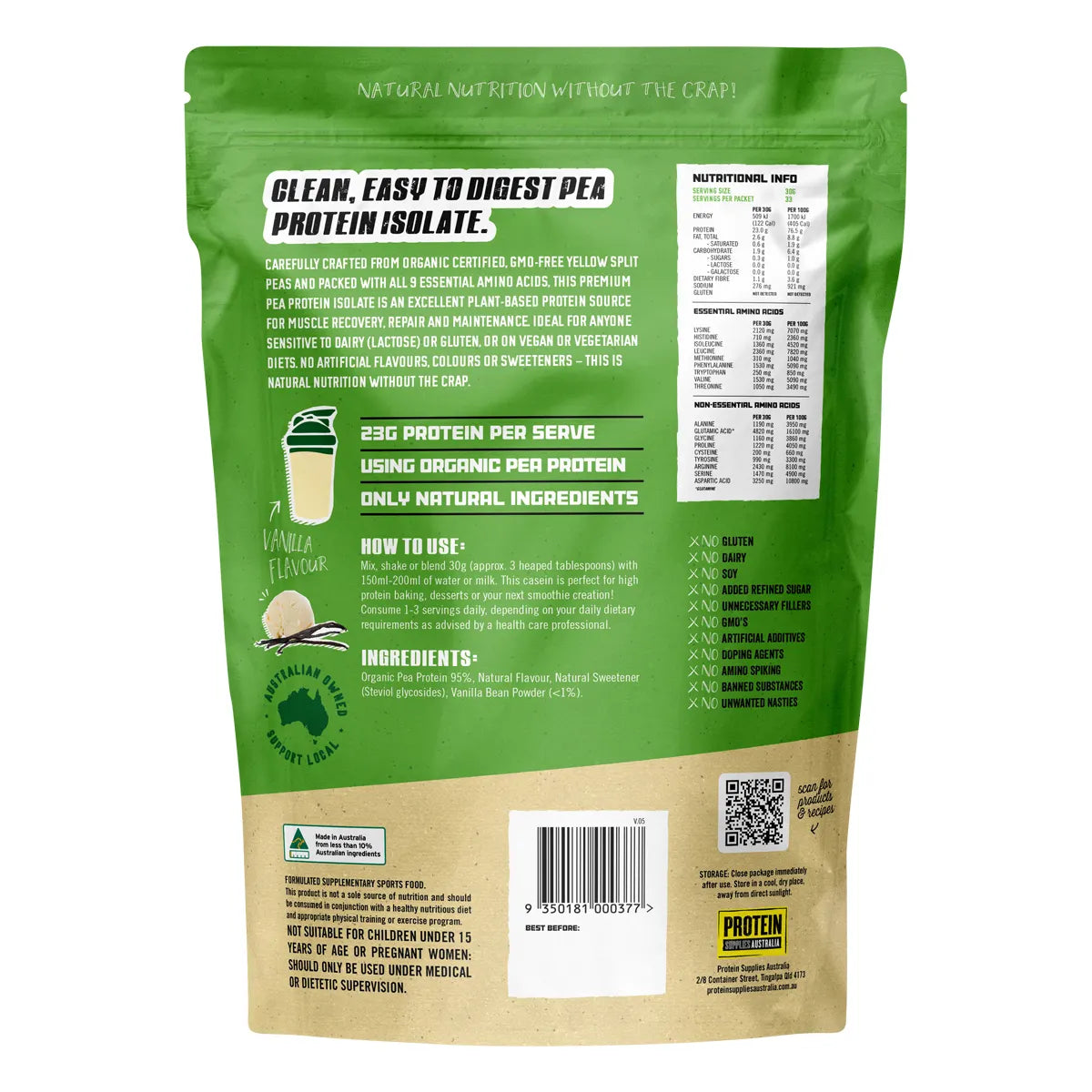 Protein Supplies Australia Pure Pea Protein Isolate Vanilla 1kg