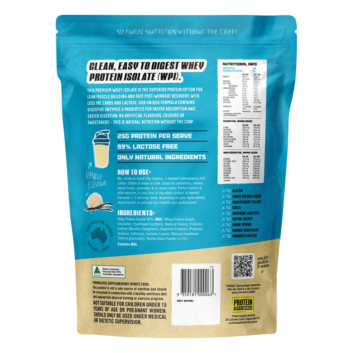 Protein Supplies Australia Whey Protein Isolate Vanilla 500g