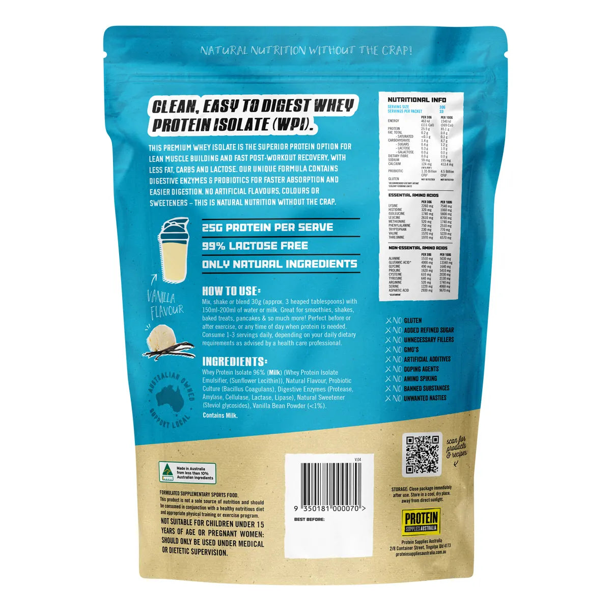 Protein Supplies Australia Whey Protein Isolate Vanilla 1kg