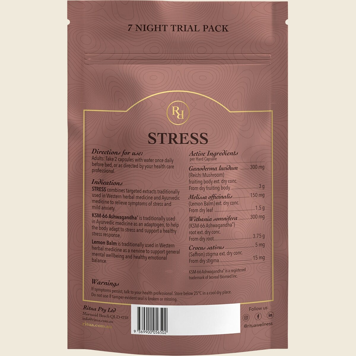 Ritua STRESS Trial Pack Saffron Ashwagandha LemonBalm Reishi 14 Capsules