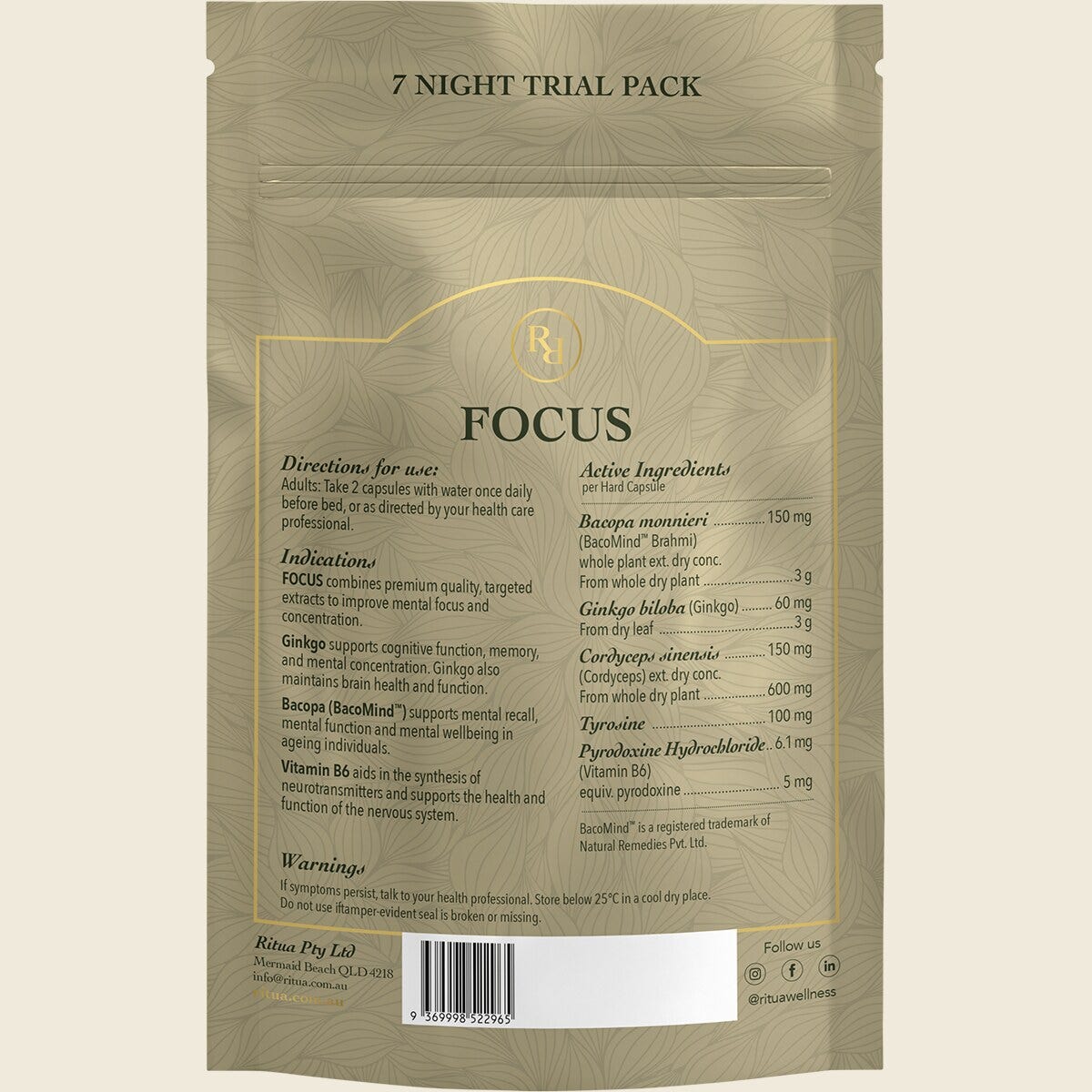 Ritua FOCUS Trial Pack BacoMind Ginko Cordyceps Tyrosine B6 14 Capsules