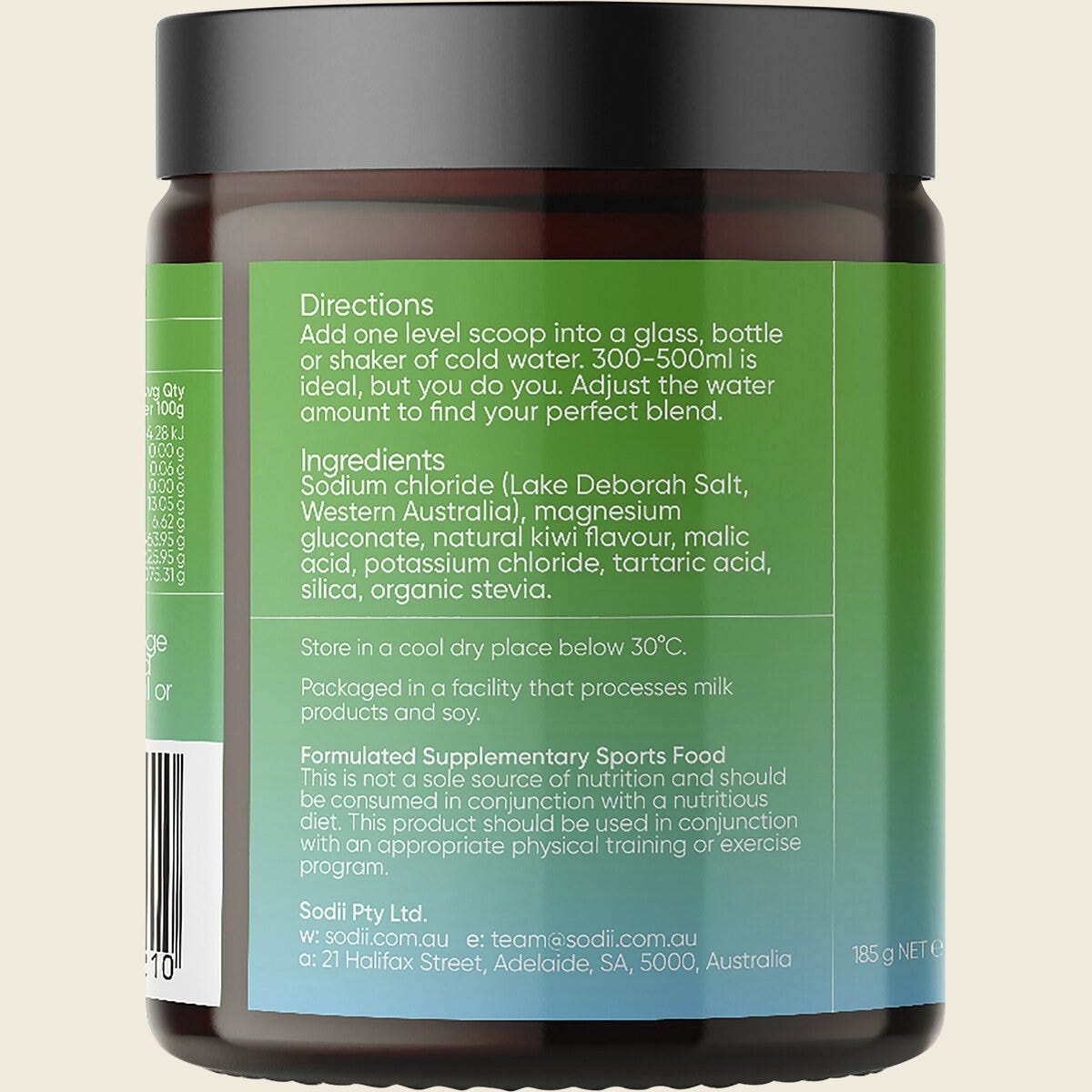 Sodii Everyday Hydration Salts Salty Kiwi 185g Left Side
