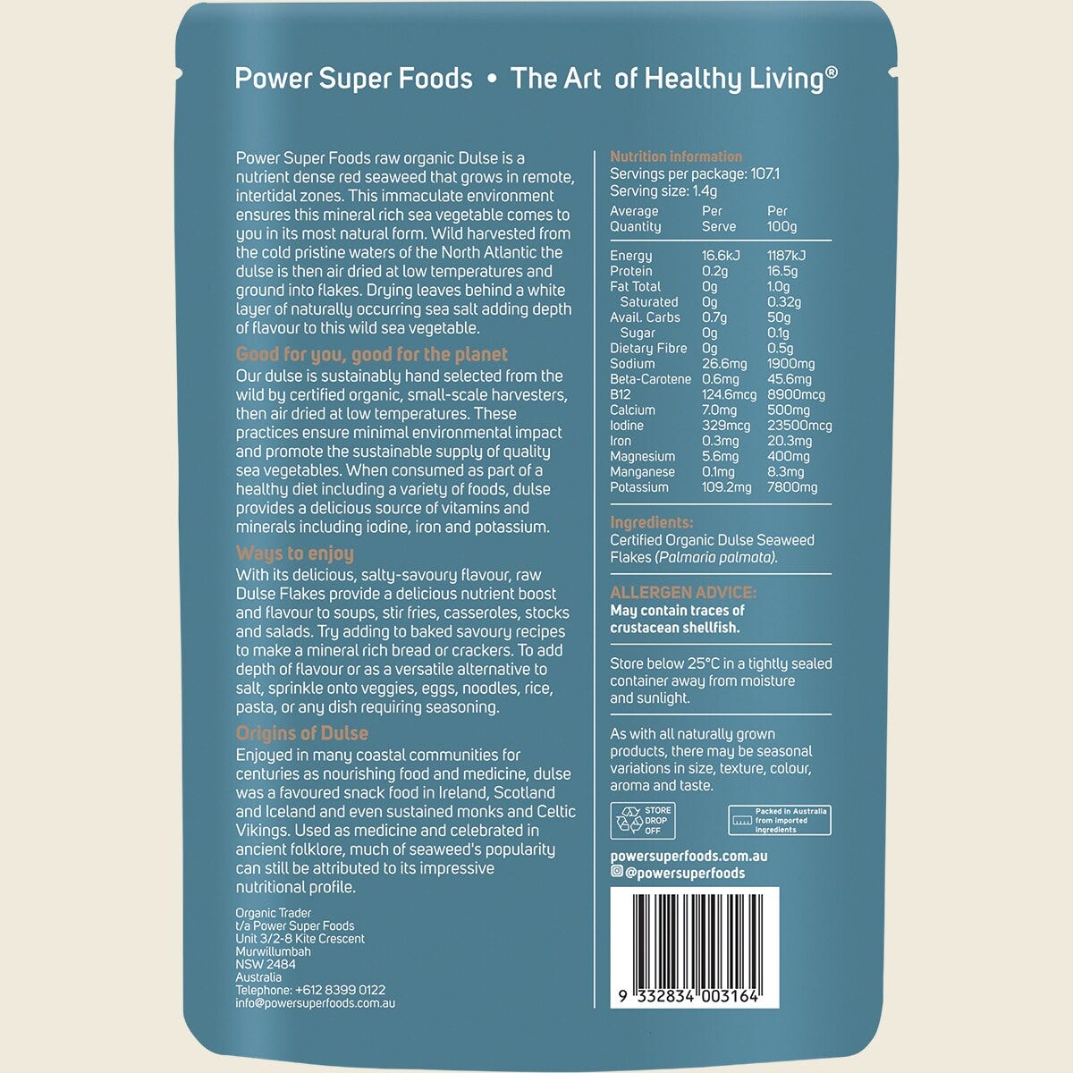 Power Super Foods Certified Organic Dulse Flakes 150g back