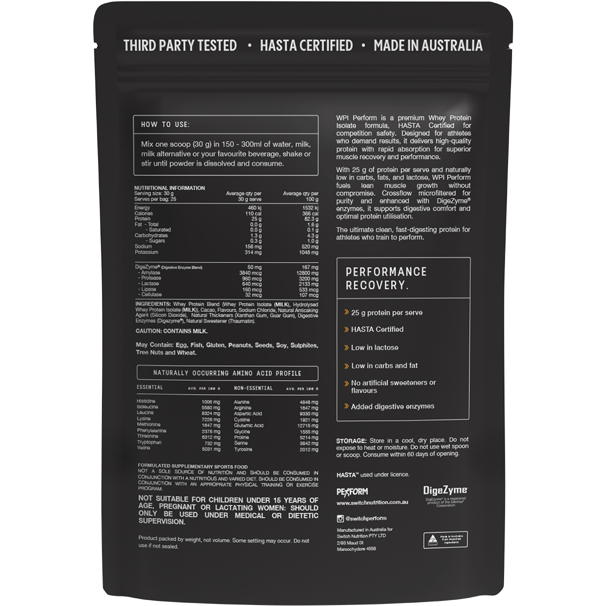 Switch Nutrition Perform Hasta Whey Protein Isolate Chocolate Milk 750g – back label
