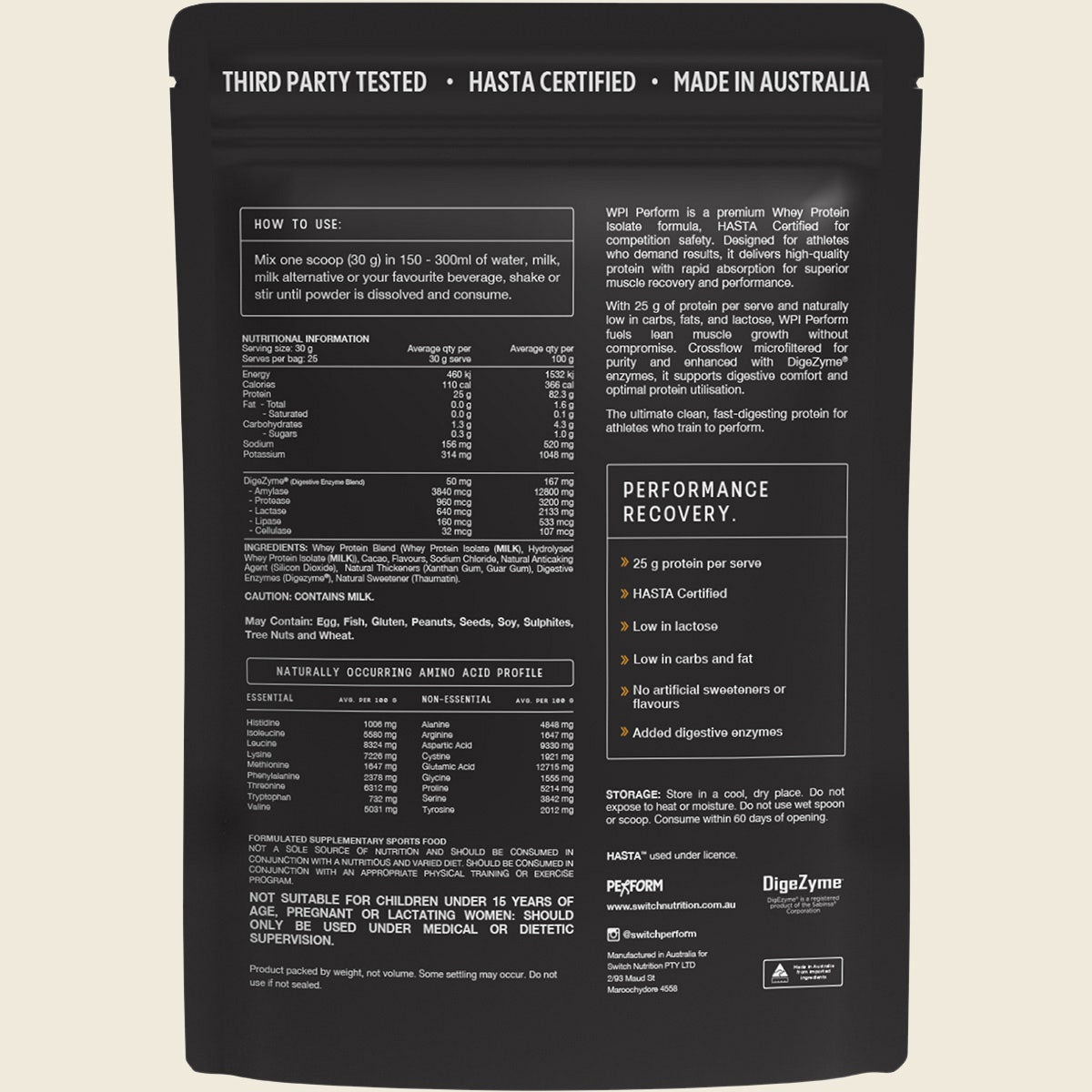 Switch Nutrition Perform Hasta Whey Protein Isolate Chocolate Milk 750g Back