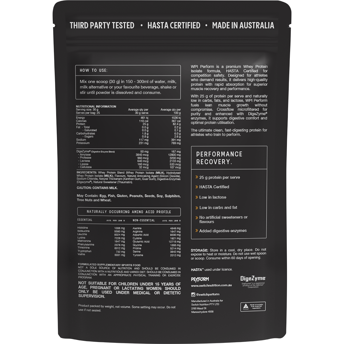 Switch Nutrition Perform Hasta Whey Protein Isolate Vanilla 750g – back label