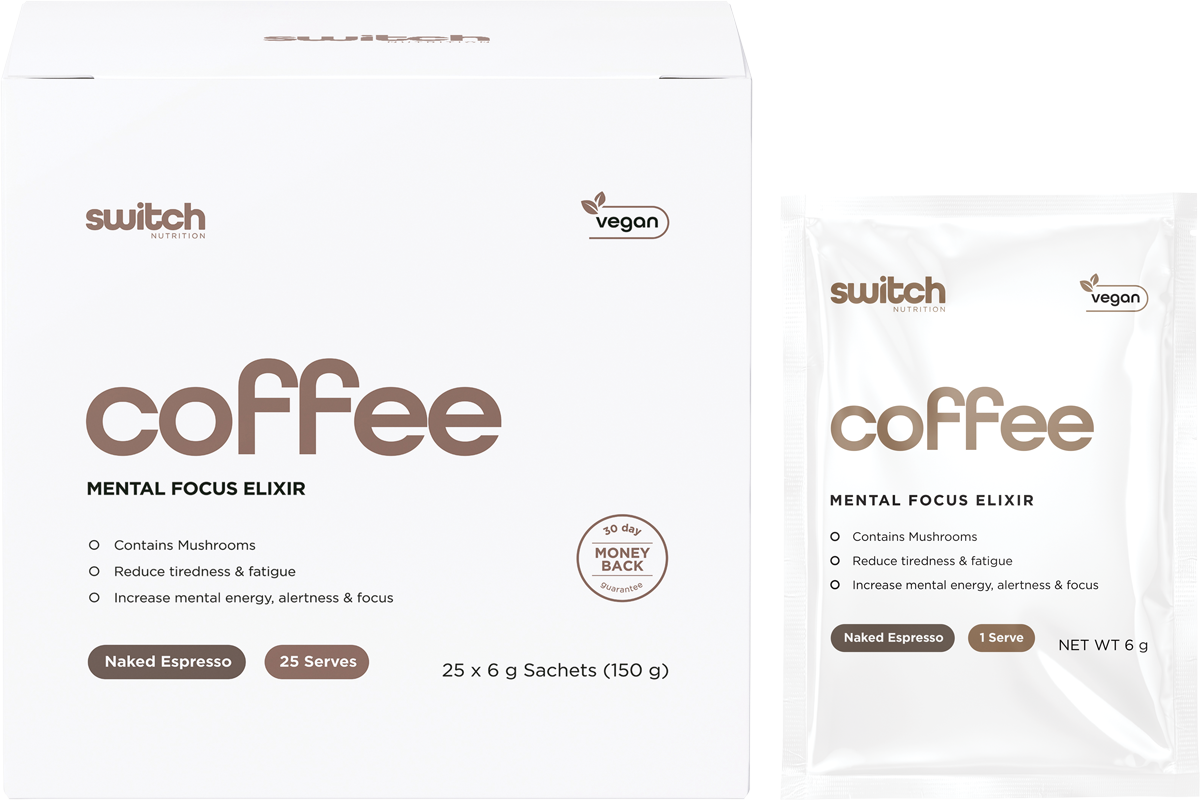 Switch Nutrition Coffee Mental Focus Elixir 6g x 25-pack Naked Espresso 25pk – product and sachets