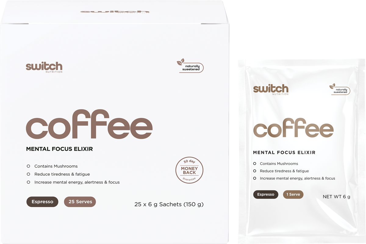 Switch Nutrition Coffee Mental Focus Elixir Espresso Sweetened 6g x 25-pack 25pk – product and sachets