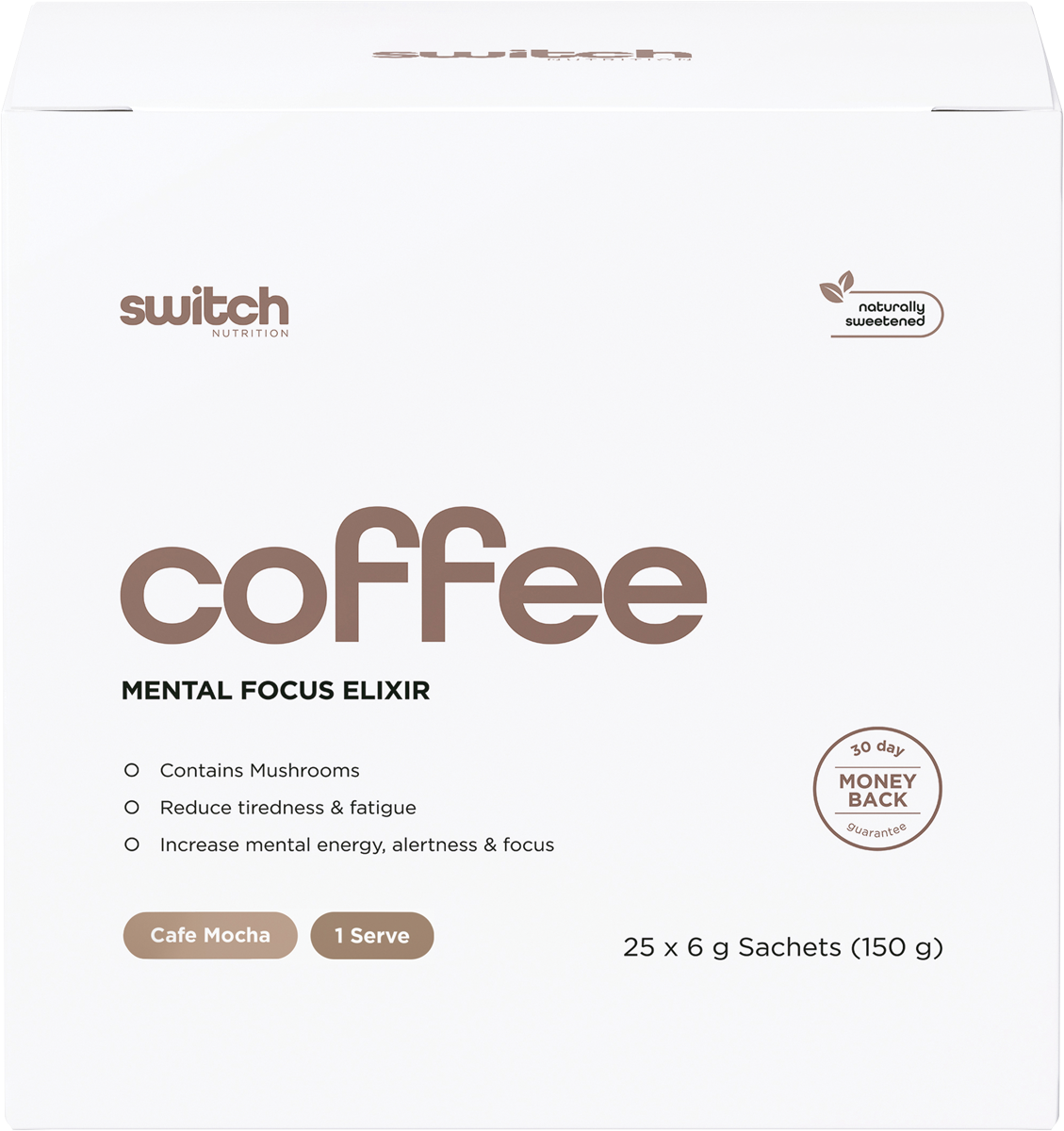 Switch Nutrition Coffee Mental Focus Elixir 6g x 25-pack Cafe Mocha 25pk – front packaging