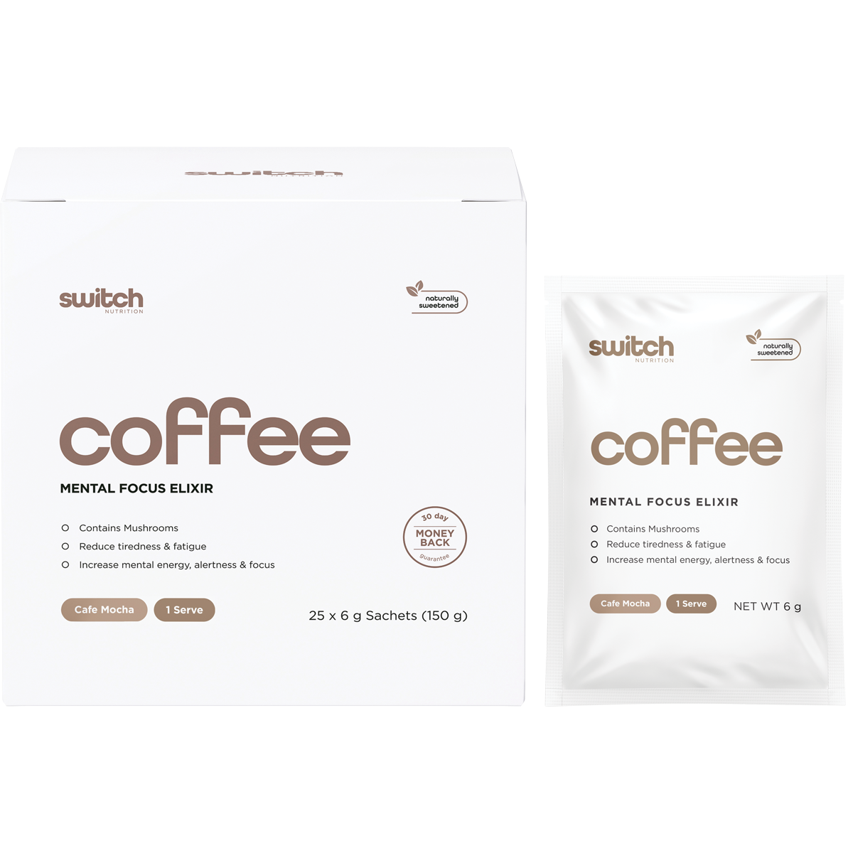 Switch Nutrition Coffee Mental Focus Elixir 6g x 25-pack Cafe Mocha 25pk – product and sachets