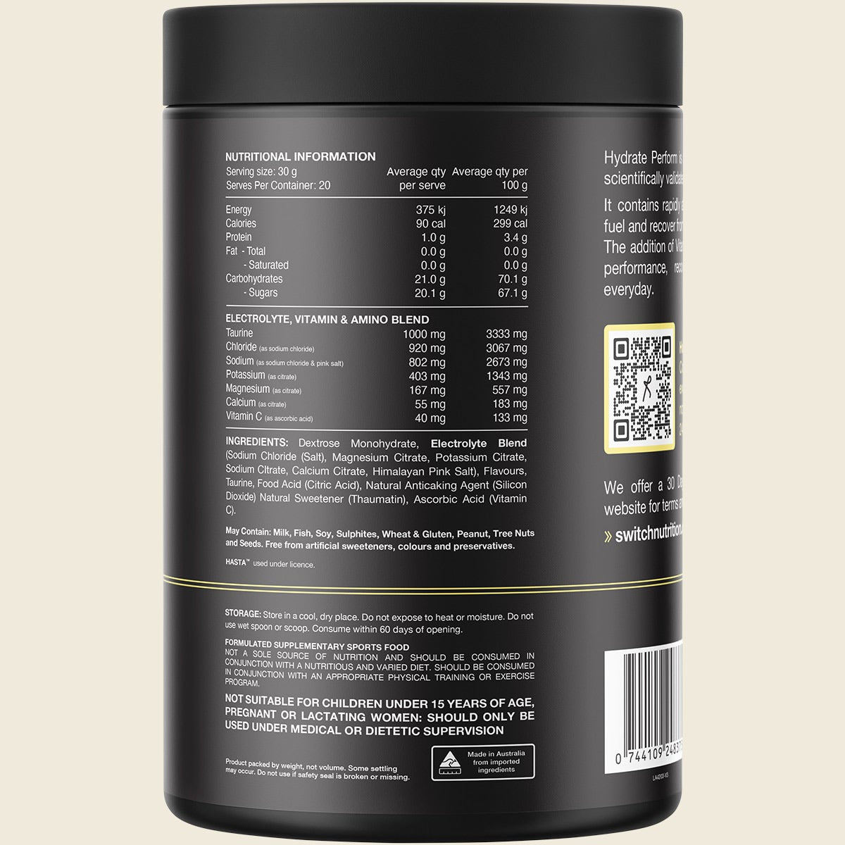 Switch Nutrition Perform Hasta Hydrate & Carbs Raspberry Lemonade 600g Back