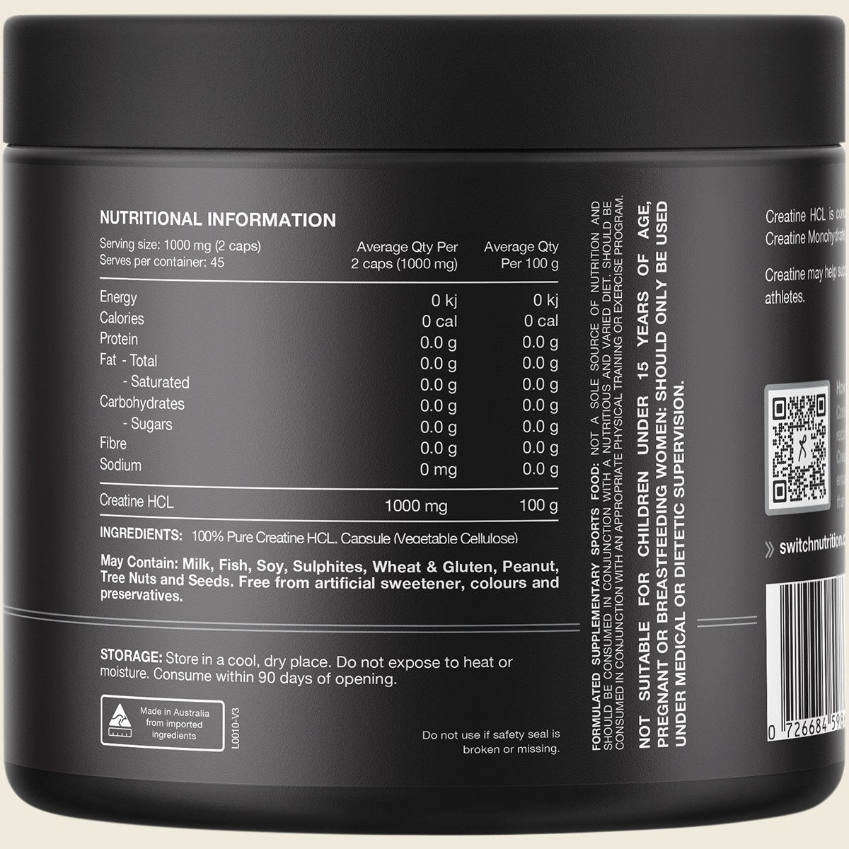 Switch Nutrition Creatine 100% Pure Hcl 90 Caps Back