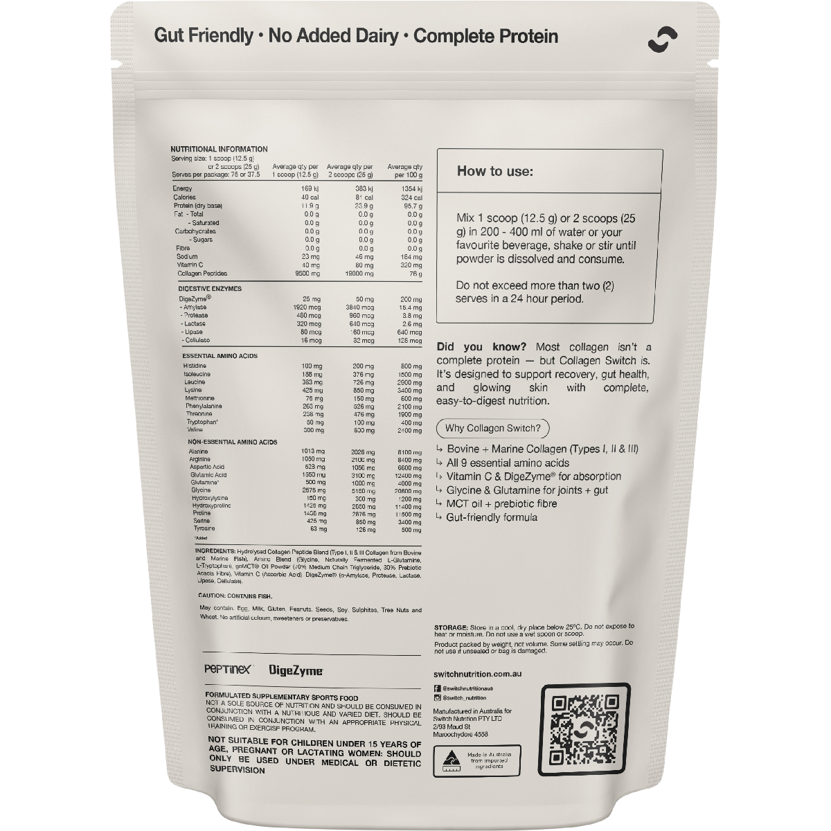 Switch Nutrition Collagen Peptides Unflavoured 938g – back label