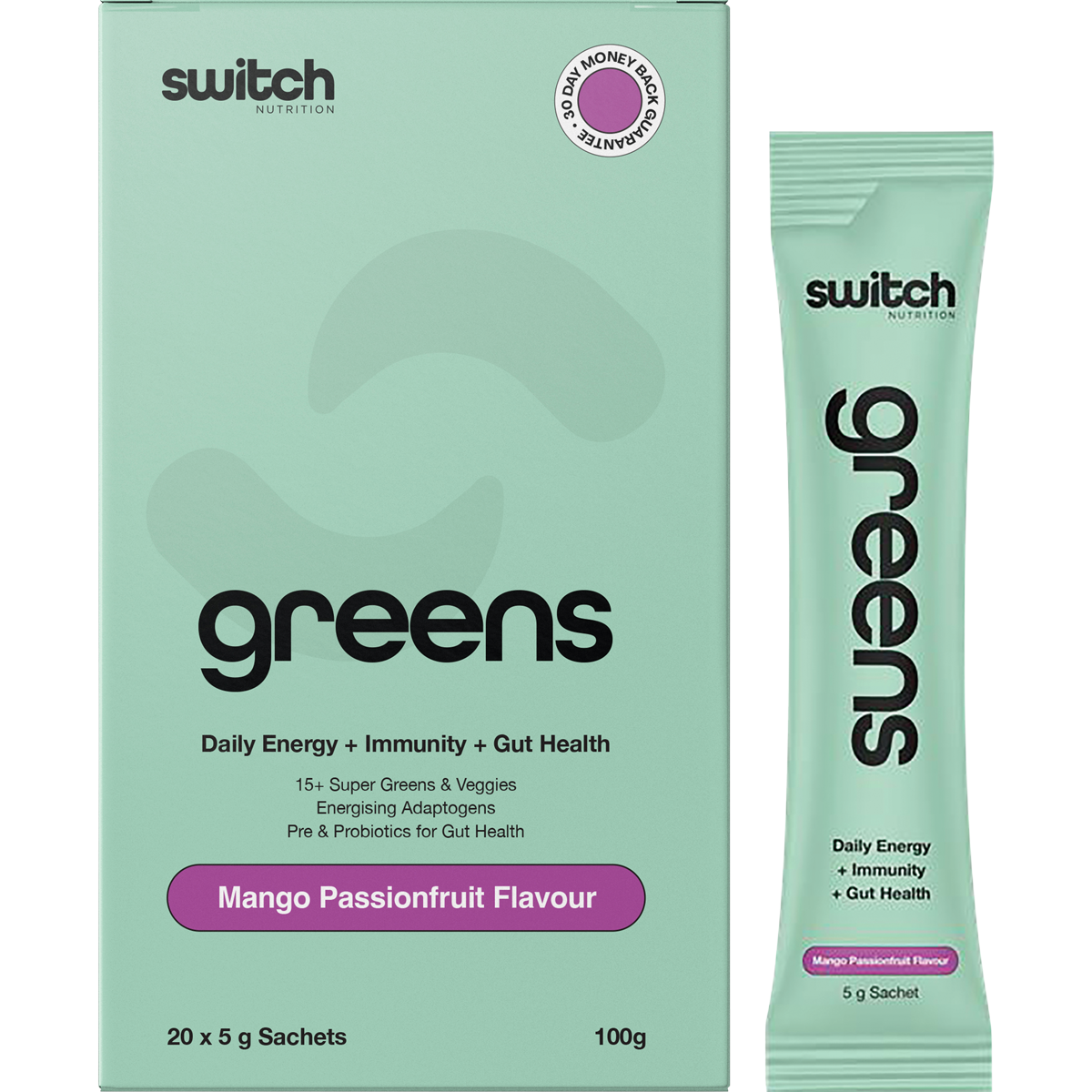 Switch Nutrition Greens Sachets Mango Passionfruit 20x5g – product and sachets