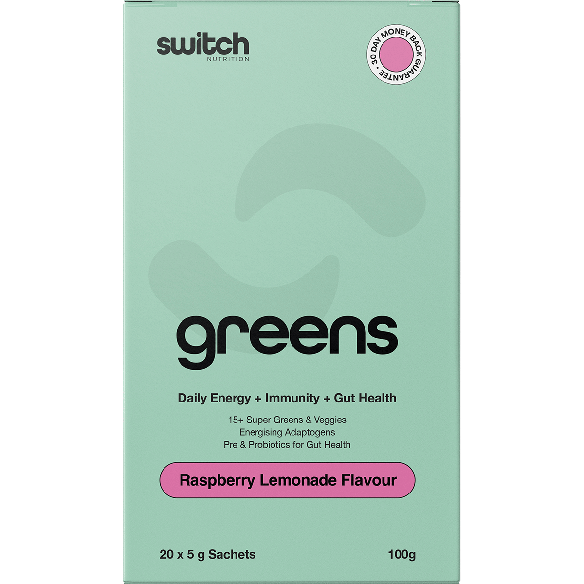 Switch Nutrition Greens Sachets Raspberry Lemonade 20x5g – front packaging