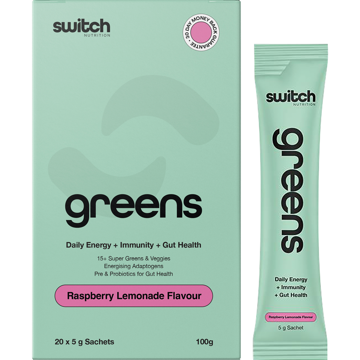Switch Nutrition Greens Sachets Raspberry Lemonade 20x5g – product and sachets