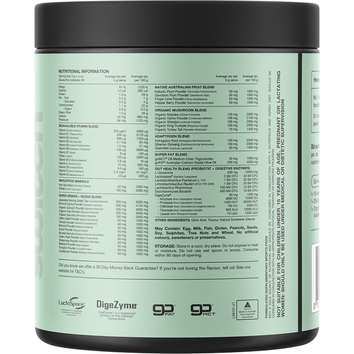 Switch Nutrition Greens Mango Passionfruit 250g – back label
